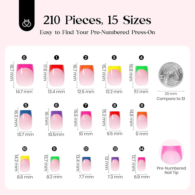 Beetles Summer Press On Nails 210 Pcs 7 Colors, French Tip Nails Short Square Classic Fake Nail Tips, Rainbow Soft Gel Nails False Nails Art DIY For Women
