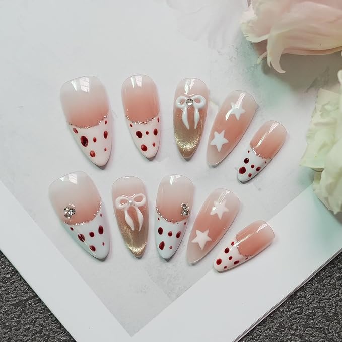 Valentine‘s Day Leopard Print Press on Nails - Gold Glitter French Tip & Bow Design, Medium Almond Nude Gradient Acrylic Fake Nails for Women (Sweet Leopard Chic, M)