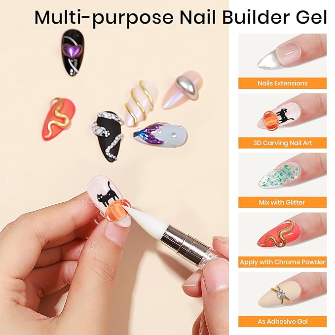 MIZHSE Solid Builder Gel - 1 oz Clear Non Stick Hand Hard Gel with 6 Colors Chrome Powder Nail Form Extension Kit for Nail Salon Home DIY