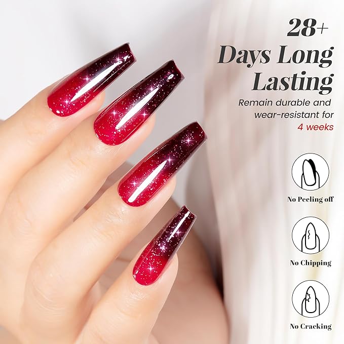 YTD Likomey Color Changing Gel Nail Polish,15ml Red To Dark Cherry Red Glitter Mood Temperature Change Colors Fall Winter Thermal Ombre Manicure Shimmer UV Varnish,HEMA Free TPO Free,WB504