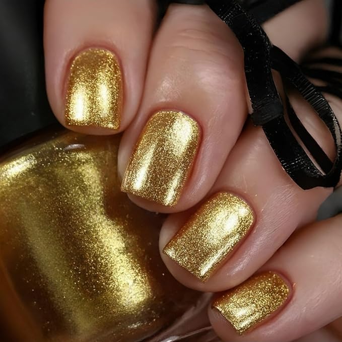 Gold Press on Nails Short Square Fake Nails Press ons with Designs Gold Glitter Full Cover Glue on Nails Shiny Glossy Acrylic False Nails Stick on Nail for Women Nail Manicure Decoration 24Pcs