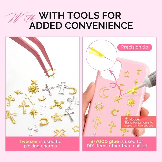 MelodySusie 3D Nail Charms and Gems, 2 Acrylic Boxes Golden Silver Include Alloy Star Sun and Cross Nail Art Studs With Tweezer Tools for Y2K Manicure Nails Design Supplies DIY Crafts Decoration