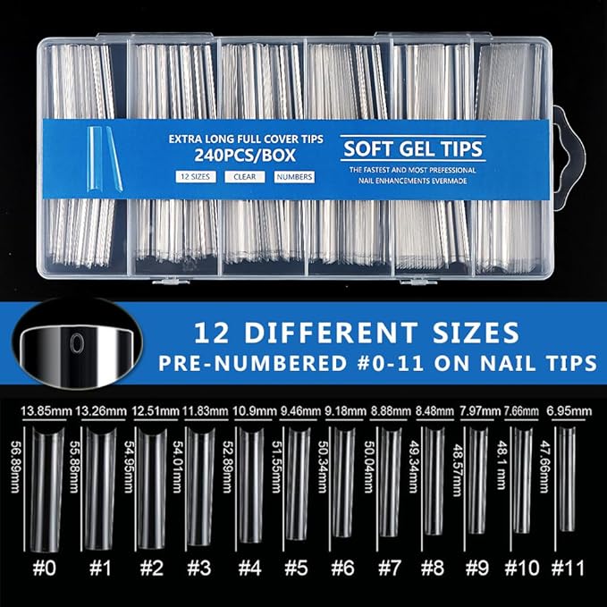 240pcs Extra Long Clear Half Cover False Nails Tips,3XL 12 Sizes C Curve French Acrylic False Nail Tips with Box for Nail Salon and Home DIY