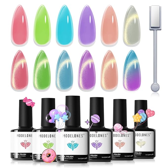 modelones Cat Eye Gel Nail Polish, 6 Colors Jelly Neon Set with Magnet Sparkle Galaxy Series Nail Gel Polish Kit Soak Off Led Nail Art Manicure Salon DIY Gifts