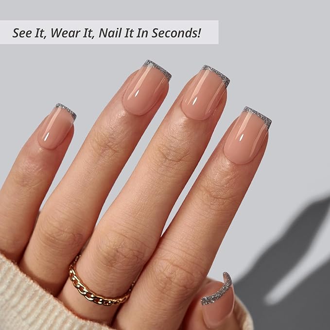 BTArtbox Press On Nails Short - Ice Thread, Silver Spakly French Tip Square Press On Nails with Glue and Adhesive Tabs for Women, Soft Gel Glue On Nails in 16 Sizes - 32 Stick On Nails Kit
