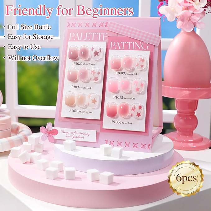Double Rhythm Painting Gel Polish Set for Nail Art Palette Patting Gel Polish 6 Colors with 100 Pcs Sponges and Grabbing Pen (Nude Pink Purple Rose-T6-65)