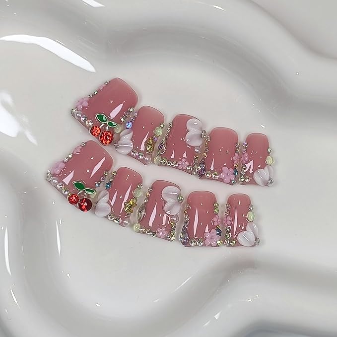 Duckbill Shape Press on Nails with Kit,3D Floral Carving Cherry Blush Pink Fake Nails with Tools,Sparkling Icy French Tips False Nails with Rhinestone,Sweet Glazed Artificial Duckbill Nails(S)