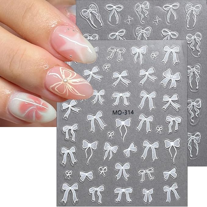 5D Bow Nail Stickers for Nail Art Embossed Self Adhesive Bow Nail Decals Pink White Ribbon Bows Design Cute Nail Art Stickers Lace Bows Nail Supplies for Women Valentines Nail Decorations 3Sheets