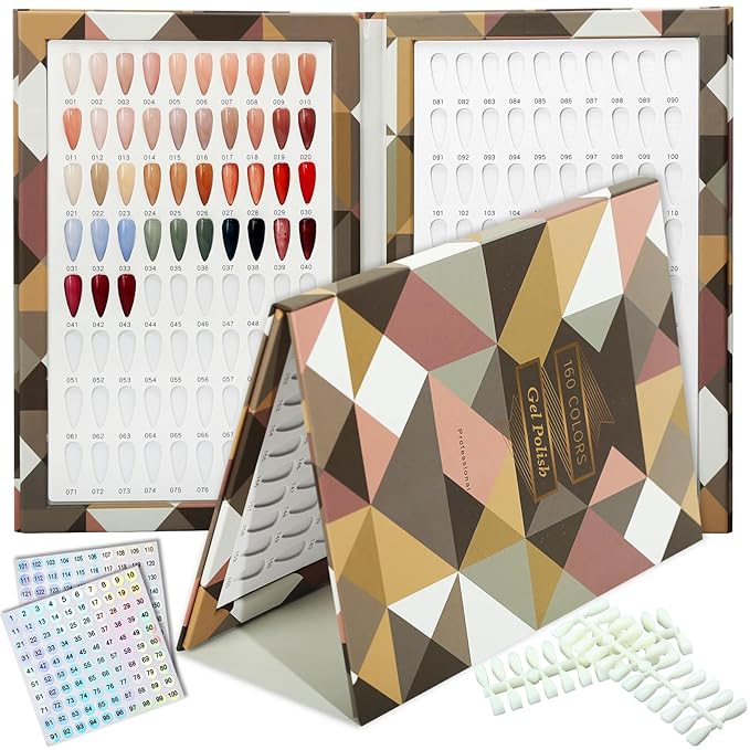 160 Nail Color Book,with 240 Flase Tips & 1-200 Number Sticker Labels,Professional Nail Color Swatches Book for Polish UV Gel(Brown)