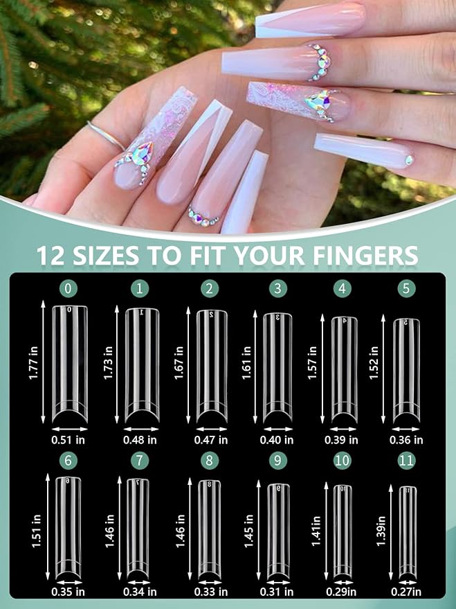 480PCS XL Long Clear Nail Tips, 240PCS Coffin Nails Tips with 240PCS NO C Curve Square Nail Tips for Acrylic Nails Professional, Half Cover Straight Ballerina Nail Extension Tips for Nail Salons Home