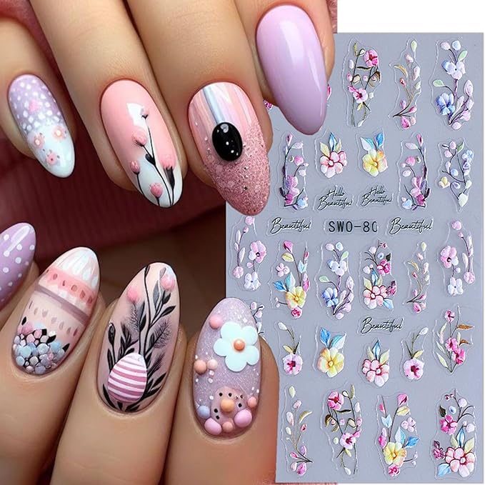 4 Sheets Easter Nail Stickers Cute Rabbit Nail Decals Spring Embossed Flower Nail Art Stickers Self-Adhesive Easter Egg Bunny Nail Design Decals for Women Holiday Nail Decorations Supplies