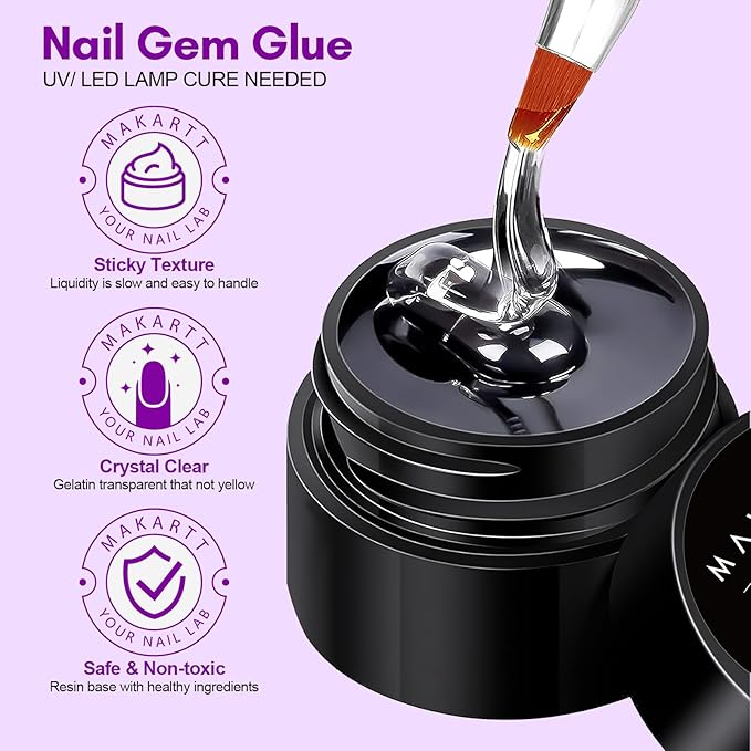 Makartt Nail Rhinestone Glue for Nails, Super Strong Gel Nail Glue Bundle with Rhinestone Glue for Nails, 15ml Clear Nail Gem Glue with Nail Brush Kit for 3D DIY Decorations