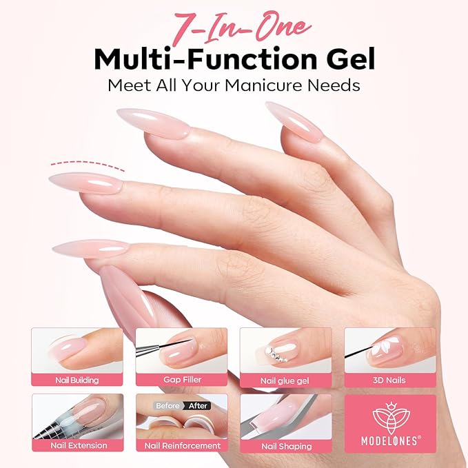 modelones Builder Nail Gel, Clear Builder Nail Polish 7-in-One with Detachable Liner Nail Brush LED Lamp Cured Strengthener Color Rubber Base Coat for Apex Building Extension Thickening 10ml