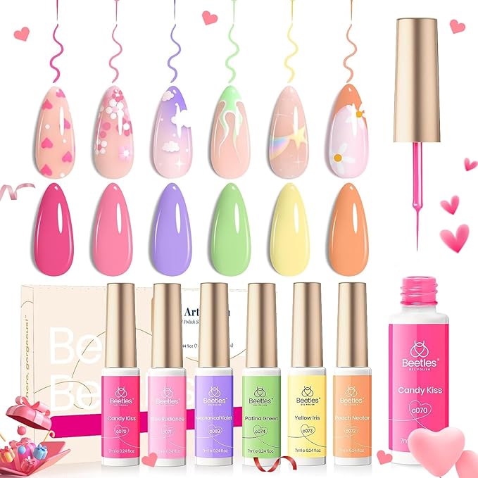 Beetles Pastel Gel Liner Nail Polish Set 6 Colors Spring Art French Line Swirl Gel Polish Pink Yellow Green Purple Orange Swirl Built Thin Nail Art Brush Soak Off Uv Lamp Manicure Gifts for Women