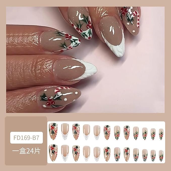 Christmas Press on Nails Medium Almond Fake Nails with Christmas Holly Candy Cane Designs White French Tip Xmas False Nail Winter Stick on Nail for Women 24 Pcs