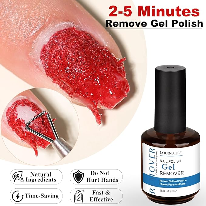 LOUINSTIC 3-in-1 Gel Nail Remover Kit – Gel Nail Polish Remover, Liquid Latex Peel-Off Tape, Cuticle Oil for Nails & Manicure Tools – Acetone-Free, Low Odor, Removes Gel in 2–5 Min, No Foil