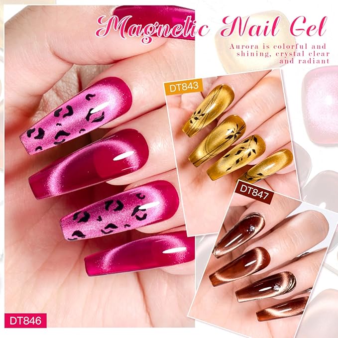 MEET ACROSS Amber Magnetic Gel Polish, Jelly Crystal Cat Eye Gel Nail Polish, Translucent Wine Red Brown Soak Off UV LED Gel Nail Salon Home Manicure Gel Polish