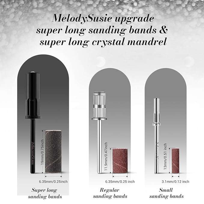 MelodySusie 50 Pcs Nail Drill Bits Super Long Sanding Bands with 6.65mm Crystal Mandrel Bit, 240 Extreme Fine Grit Nail File for Acrylic Nails Gel Manicures and Pedicure, Black