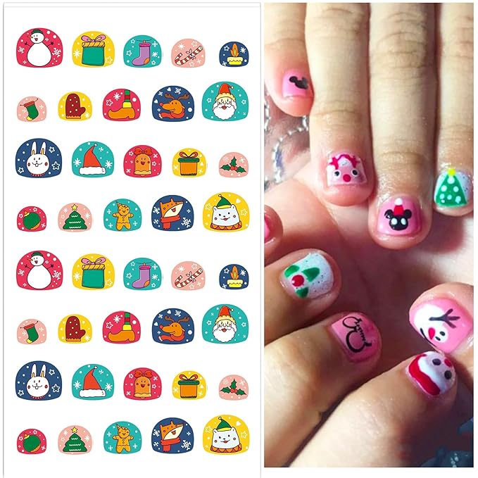 Nail Stickers for Kids - Halloween&Christmas Cute 3D Self-Adhesive Designs, DIY Nail Art Decals for Little Girls, Toddler (4 Sheets)