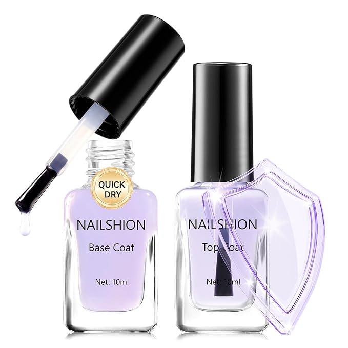 Clear Nail Polish Base Top Coat Anti-UV, 2PCS Rich in Calcium VE Nail Strengthener, High Shine Top Coat Chip Resistant Quick Air Dry Prevents Discoloration, Vegan Cruelty-free