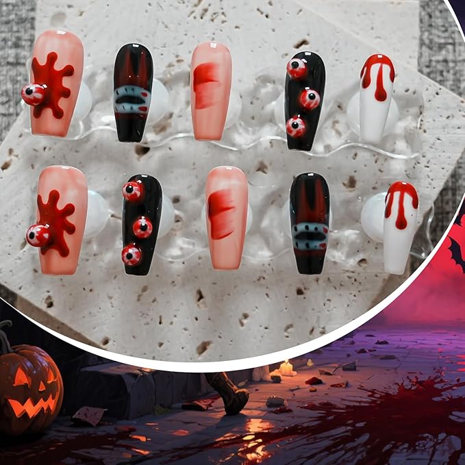 Handmade Press on Nails Long Coffin - 3D Eyeballs with Red Drops Design, Multi-Layer Gel Acrylic Nails for Parties, Halloween (Vampire Eyes,M)