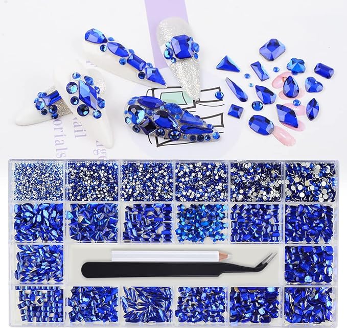 Nail Rhinestones Kit - 8620Pcs/Box Multi Shapes Rhinestones Glass Crystal Diamond Flatback Professional Nail Art Decorations DIY Nail Art Craft with Rhinestones Picker,Dark Blue