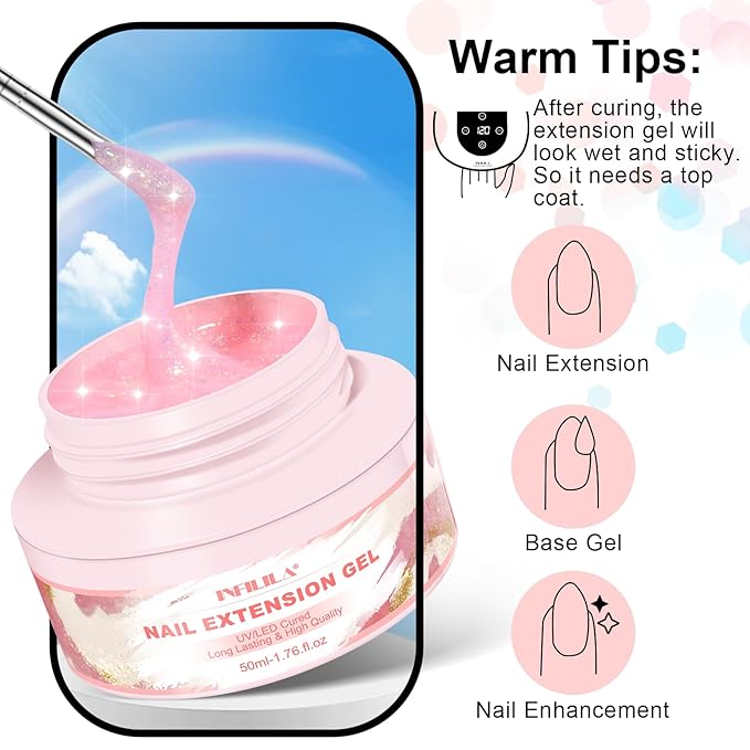 NXJ INFILILA Glitter Poly Nail Gel, Baby Pink Colors Poly Extension Gel Nail Enhancement, Thickening Glossy Builder Home DIY Salon Use for Girls UV/LED Nail Lamp Required P05