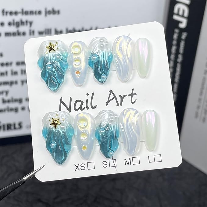 Handmade Press on Nails Medium Almond Fake Nails with Glue,Luxury 3D Lines Shell Art Shiny Gradient Blue Press ons Muti-Layer Gel Handmade False Nails for Women (Size S)