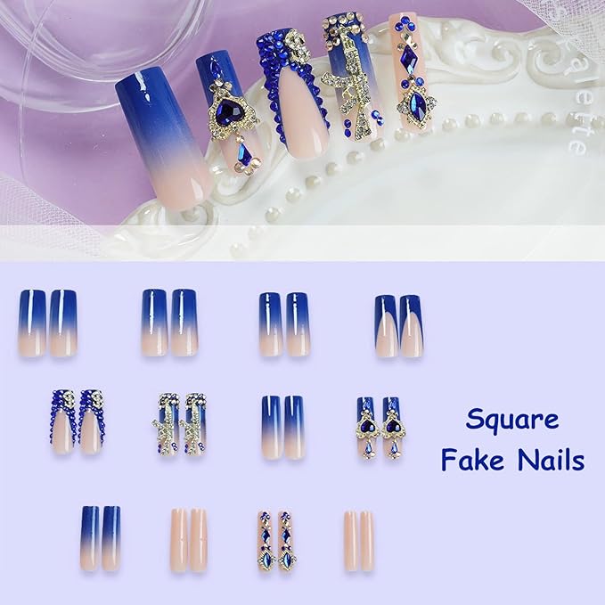 MISUD Press on Nails - Long Square Glue on Nails with Royal Blue, Acrylic Y2K Gun Rhinestone Design 24 pcs