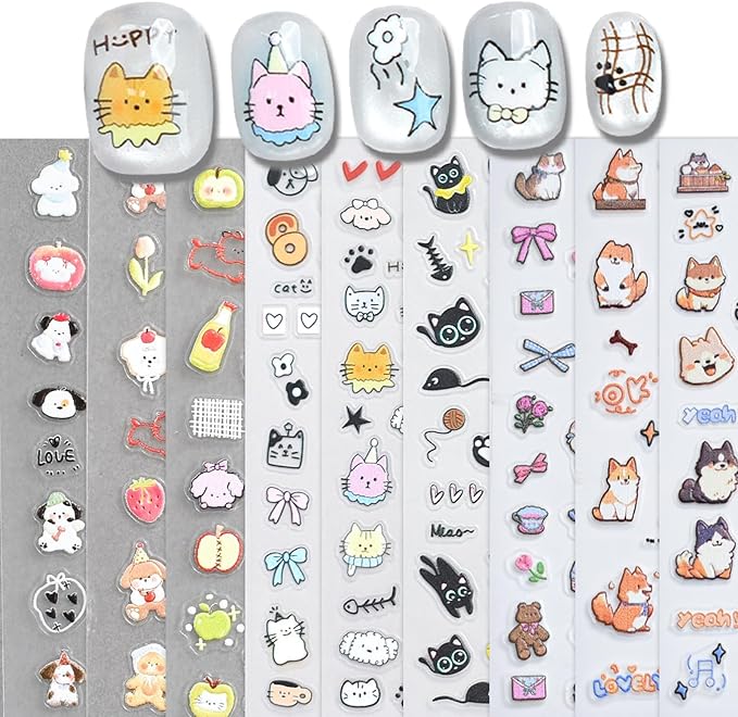 6 Sheets Cute Cat Dog Nail Stickers for Nail Art Adorable Kitty Bow Designs 3D Embossed Self Adhesive Nail Decals for Women DIY Manicure Decoration YX1234