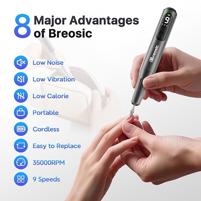 Electric Nail Drill Professional 35000RPM,Rechargeable Electric Nail File Cordless with 9-Speed & LED Display,12-in-1 Portable Manicure Pedicure kit for Acrylic Gel Dip Powder Nails (Gray)