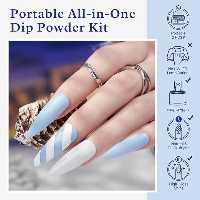 AZUREBEAUTY Dip Powder Nail Kit Winter White Navy Blue Glitter 4 Colors Acrylic Dipping Powder Liquid Set with Base/Top Coat Activator for French Nail Art Manicure DIY Gift for Women