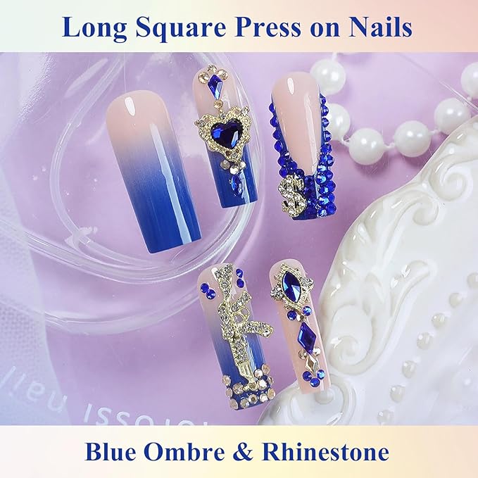 MISUD Press on Nails - Long Square Glue on Nails with Royal Blue, Acrylic Y2K Gun Rhinestone Design 24 pcs