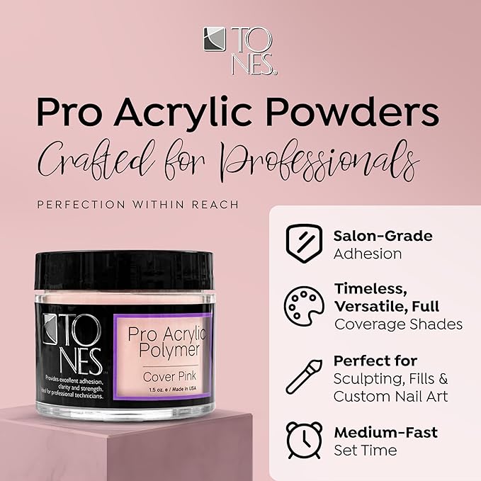 Tones Pro Polymer Acrylic Nail Powder, Cover Pink (Soft Nude Pink), (3.5 Fl Oz) - Long-Lasting & Non-Yellowing Polymer Acrylic Nail Powder for Salon & Home Quality Nail Carving Extensions & 3D Art
