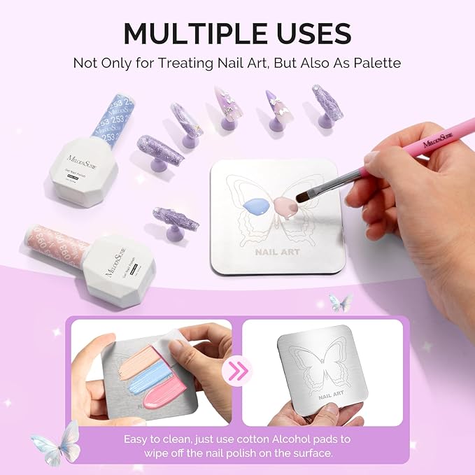 MelodySusie Nail Stand for Press Ons, Super Metal Square With Butterfly Pattern Magnetic Base for Painting Display with Brush Holder And Reusable Double-Sided Tape for Home DIY Salon Supplies