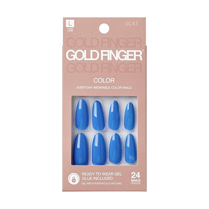 GoldFinger False Nails Kit, Ready to Wear Blue Fake Nails, Manicure Stick and Glue Included, Long Oval Shape, Long-Lasting Hottest Trend Glue on Nails, Convenient & Easy to Apply, All Occasions