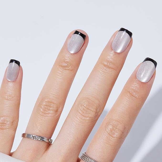 French Tip Press On Nails - Short Square Cat Eye Fake Nails with Nail Glue, Natural Fit Silver Stick On Nails in 16 Sizes - 32 Soft Gel Glue On Nails Kit, Silver