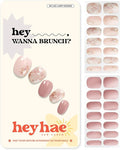 Heyhae Semi Cured Gel Nail Strips | No LED Lamp Needed | Glitter, Pink | Easy Apply & Remove, Salon Quality | Includes 28 Strips, 1 Prep Pads, Nail File & Wooden Stick - Hey, Wanna Brunch?
