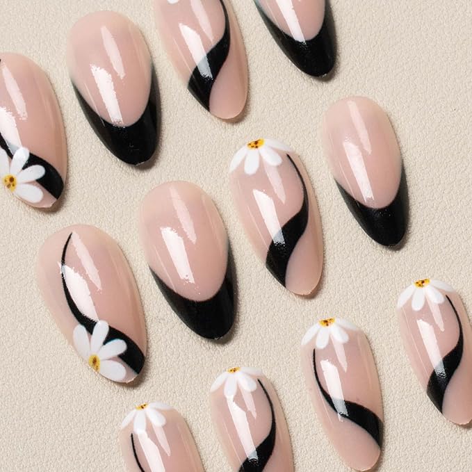 Black French Tip Press on Nails Medium Almond Fake Nails Full Cover False Nails White Daisy Flower Glue on Nails Glossy Acrylic Nail Black Line Stick on Nail for Women Girls 24Pcs