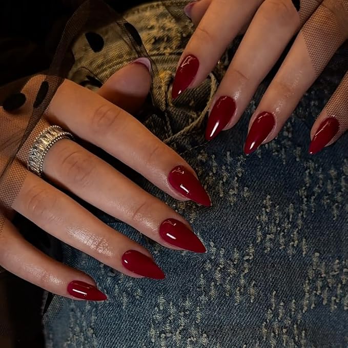 Red Wine Press On Almond Shaped Medium Nails - Neutral Acrylic, Reusable Fake Nails for Women Girls, Glue On Stiletto False Nails, Soft Gel Artificial
