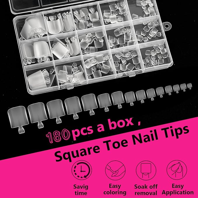 Square Toe nail Tips,SITELENABY Soft Gel False Toenails Extension Kit, Square False Soft Gel Full Cover Toe Nail Tips 15 Sizes,180pcs Pre-shape Acrylic Big Toenails Tips For Nail Extension Home DIY