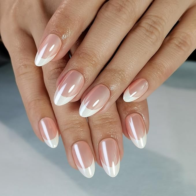 French Tip Soft Gel Press on Nails Kit Almond Short Fake Nails Chrome False Nails Designs Glossy Pink Thickened Acrylic Nails with Nails Glue Full Cover Stick on Nails for Women Manicure 30 Pcs