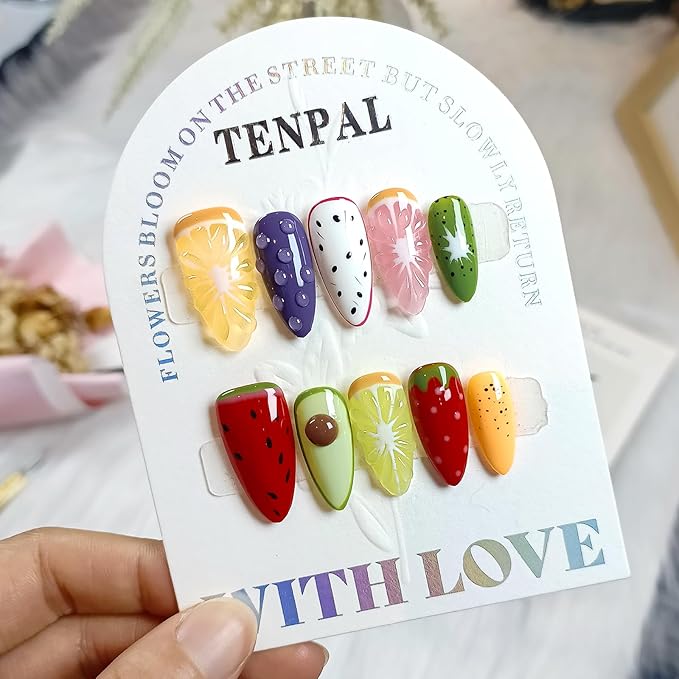 Summer Fruit Press on Nails - Vibrant Almond Shaped Fake Nails with Kiwi, Watermelon & Avocado Designs | Reusable Colorful Nail Art for Women | Tropical Fruit Manicure Set (Medium Length,L)