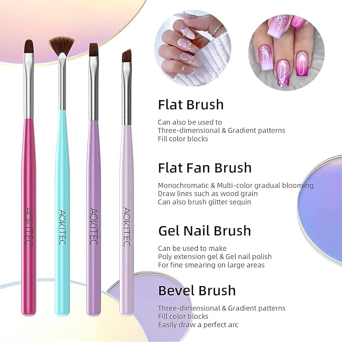 Aokitec 7 Pcs Nail Art Brushes Set, Professional Nail Paint Brush Kit,Manicure Detail Design Tools for Painting Carving,Extensional,Builder Gel DIY