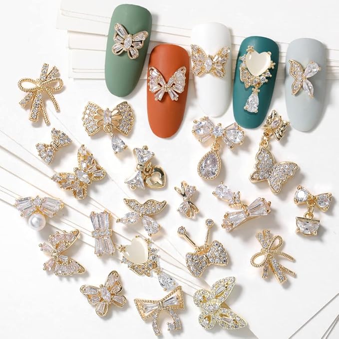 HNUIX Butterfly Nail Charms and Gems - Gold Copper Zircon, Multiple Shapes, Metal Bow-Knot Jewelry Rhinestones Charms, 27Pieces