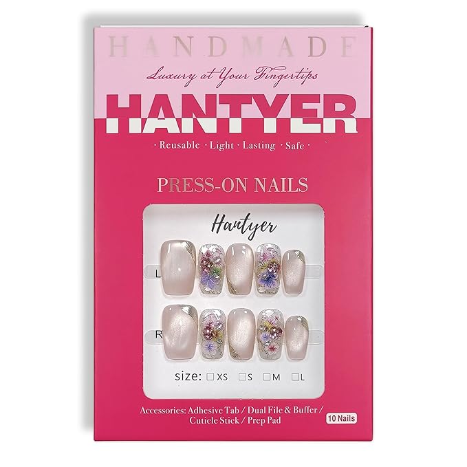 10pcs Press on Nails, Medium Coffin Glossy Fake Nails, Nude Cat Eye Nails with Colorful Dried Flowers & Gold Wire, Reusable Elegant False Nails for Wedding Party Date (Size M)