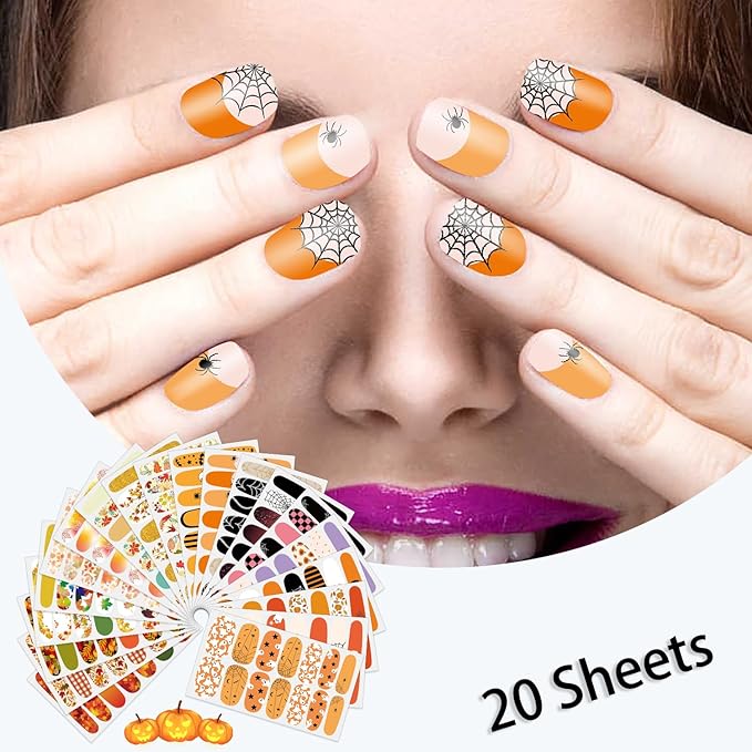 SILPECWEE 20 Sheets Nail Polish Stickers Full Nail Wraps for Women Fall and Halloween Nail Stickers Stick on Nail Polish Strips Gel Fingernail Manicure Design Self Adhesive with File