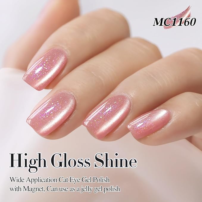 Double Rhythm 0.5 Oz Cat Eye Gel Polish with Magnet Same Color Same Bottle Holographic Glitter Shimmer Translucent Color Salon 15 ML Magnetic Nail Art (Peach Pink-MC1160)