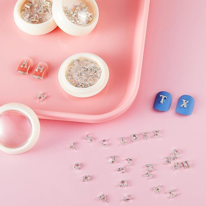 Maitys 104 Pieces Letter Nail Silver Studs 3D Capital Charms Letters and Rhinestone Crystal Nail Decals English Alphabet Fingernail Art Decoration for Women Female DIY Fingernail Art