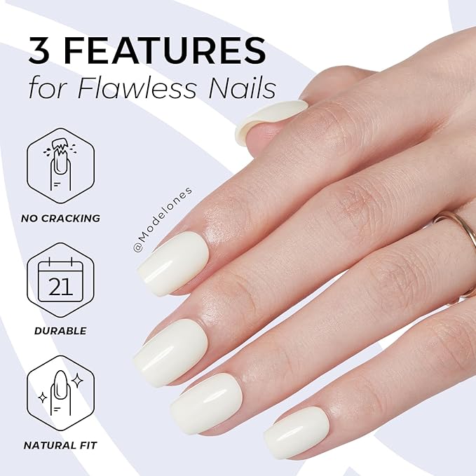 Modelones Milky White Press on Nails, Spring Short Square Fake Nails, Reusable Nail Kit with Nail Glue Adhesive Tabs Mini Nail File, Nails Press Ons 32Pcs16 Sizes, Women Girl Gift